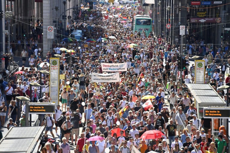 Demonstrators, some of whom have branded the pandemic a conspiracy, demanded a "day of freedom" in protest against virus curbs