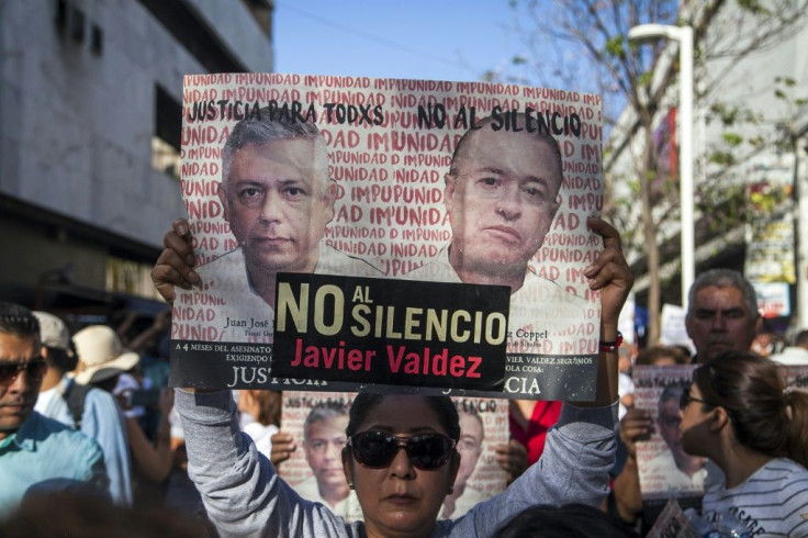 ManifestaciÃ³n para reclamar justicia de periodistas, amigos y familiares del periodista mexicano Javier Valdez en el primer aniversario de su muerte, el 15 de mayo de 2018, en CuliacÃ¡n, Sinaloa