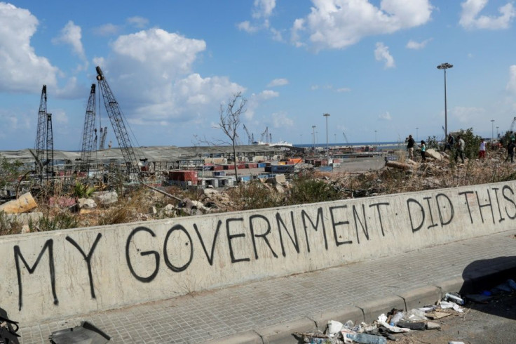 Graffiti on a bridge overlooking the port of Beirut, the site of the explosion which devastated swathes of the capital