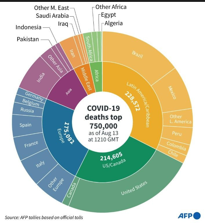 Number of COVID-19 cases worldwide as of Aug 13, deaths due to the disease, people cured and distribution of deaths by world region