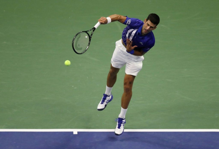 Novak Djokovic of Serbia serves during his Men's Singles first round match against Damir Dzumhur of Bosnia and Herzegovina on Day One of the 2020 US Open at the USTA Billie Jean King National Tennis Center on August 31, 2020