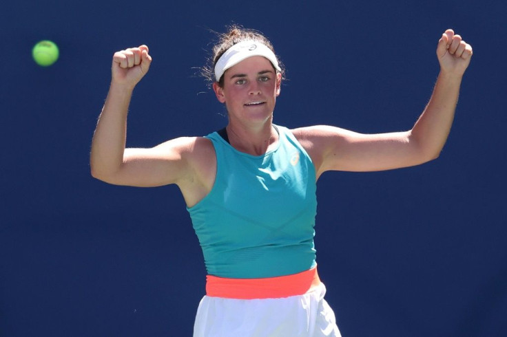 Jennifer Brady of the United States celebrates winning her fourth round match against Angelique Kerber of Germany at the 2020 US Open