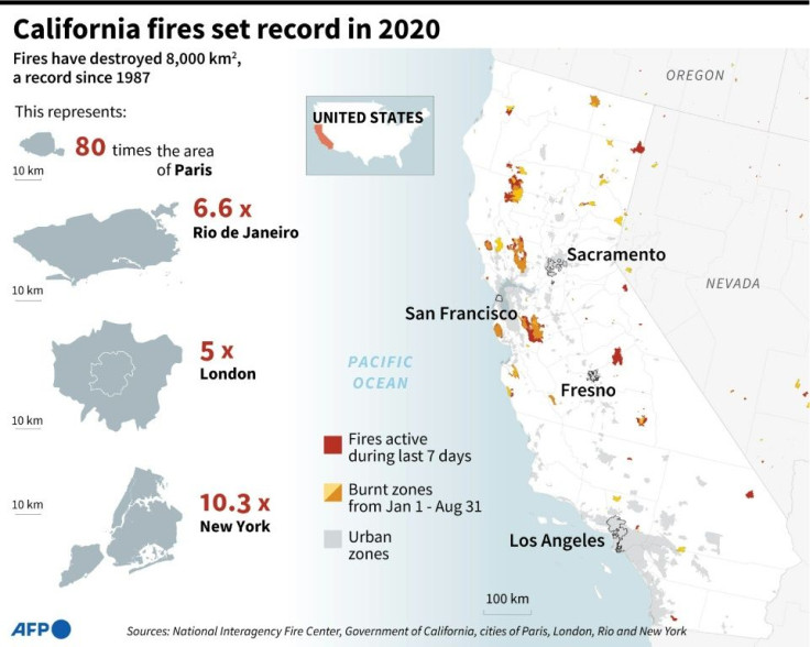 Wildfires in California burnt some 800,000 hectares (8,000 km2) in 2020. Map showing burnt areas in 2020 in comparison to the areas of major cities.