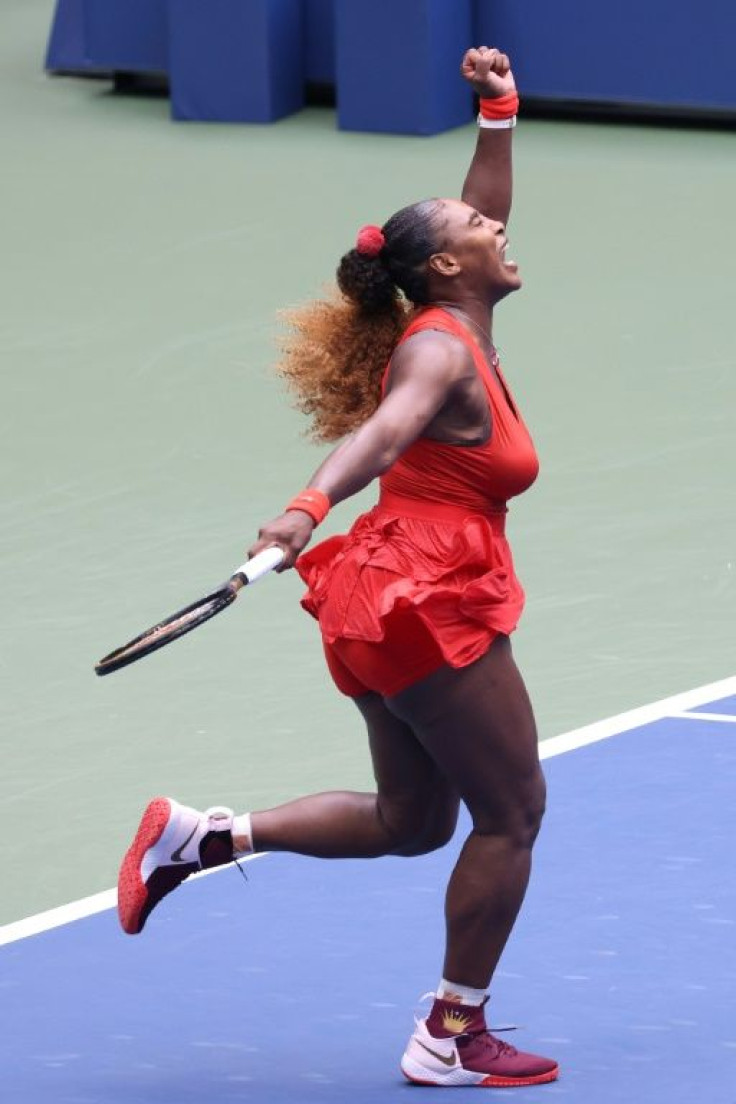Serena Williams reacts to breaking Tsvetana Pironkova of Bulgaria in the second set during her quarter-final at the 2020 US Open