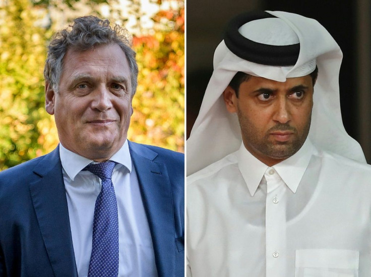Jerome Valcke (left) and Nasser Al-Khelaifi go on trial in Switzerland on Monday