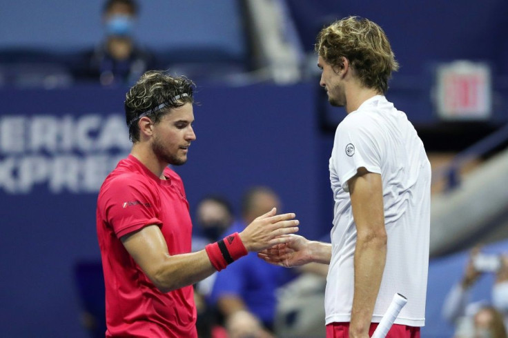 Dominic Thiem of Austria shakes hands with Alexander Zverev of Germany after the 2020 US Open final