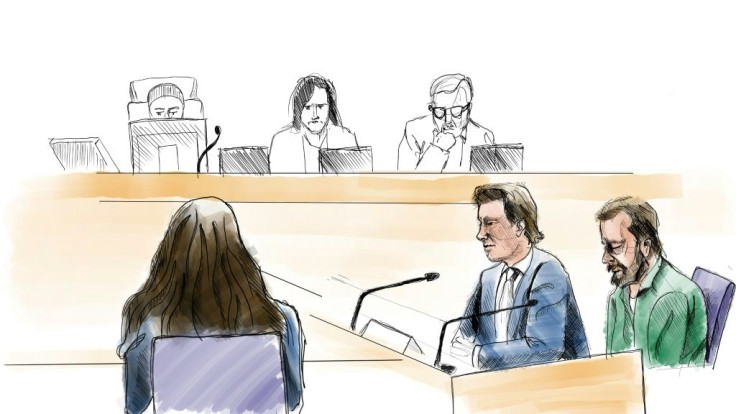 A court sketch shows the defendant Daniel Nyqvist (front right), accused of committing a double murder in 2004