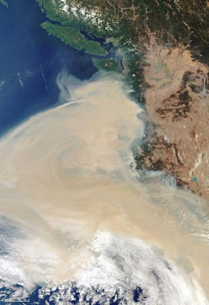 This handout image taken on September 10, 2020, from Copernicus-Sentinel-3 shows the smoke plume off the west coast of the states of Oregon, Washington and California, as fires rage across the continent