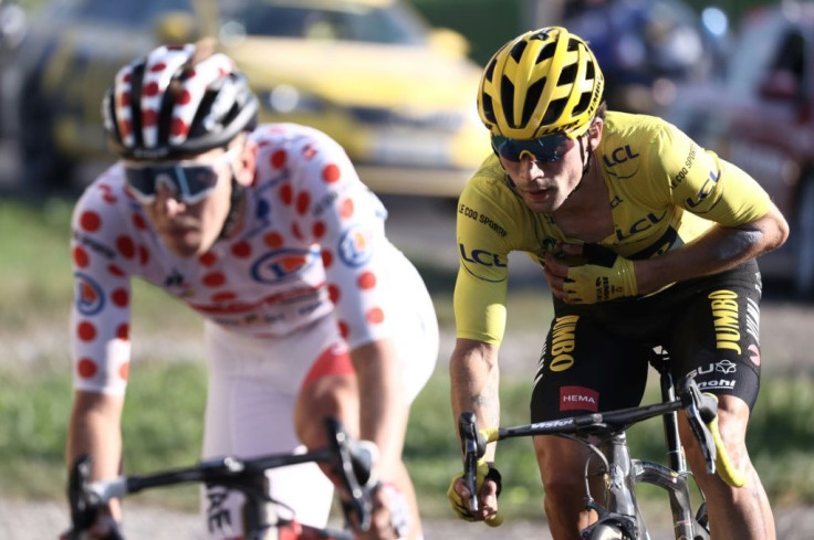 Slovenian pair Tadej Pogacar wearing the best climber's polka dot jersey and Primoz Roglic in the overall leader's yellow