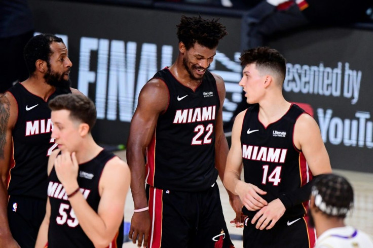Miami's Jimmy Butler talks to teammates in the Heat's game-three victory over the Los Angeles Lakers in the NBA Finals