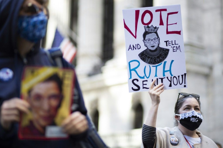 Demonstrators gather for the Women's March in New York on October 17, 2020