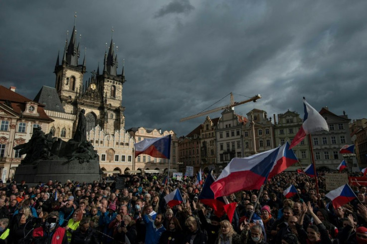 Demonstrators protest in central Prague against the Czech government's new measures to slow the spread of the Covid-19 coronavirus