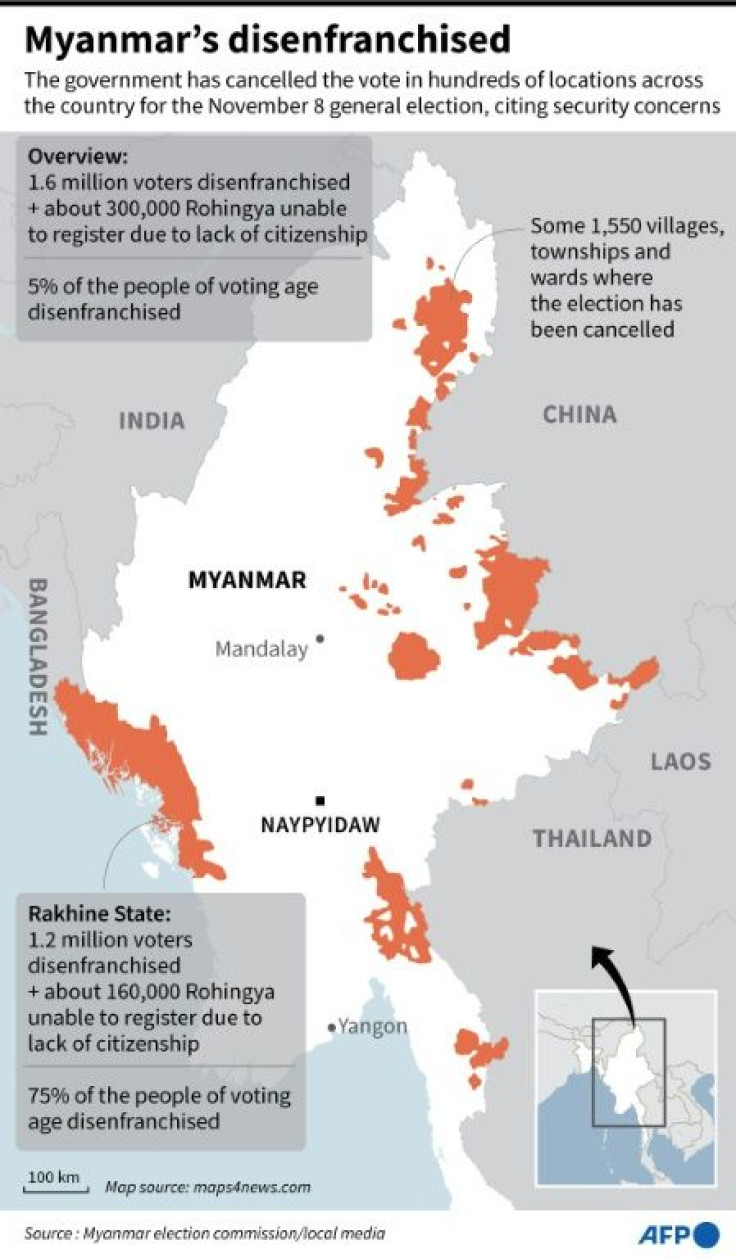 Map of Myanmar showing areas where the government has cancelled elections next month citing security concerns.
