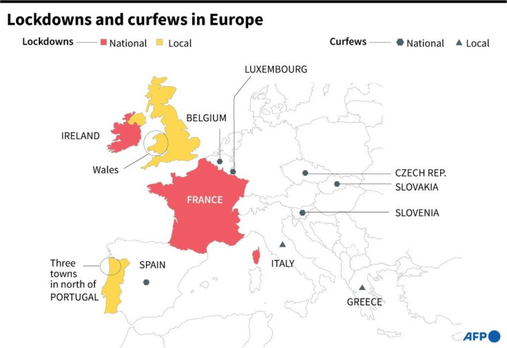 Map showing lockdowns and curfews in Europe