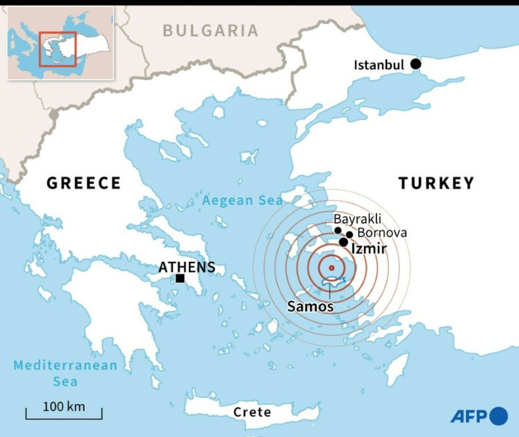 Map locating a magnitude 7 earthquake between the Greek island of Samos and the Turkish coast