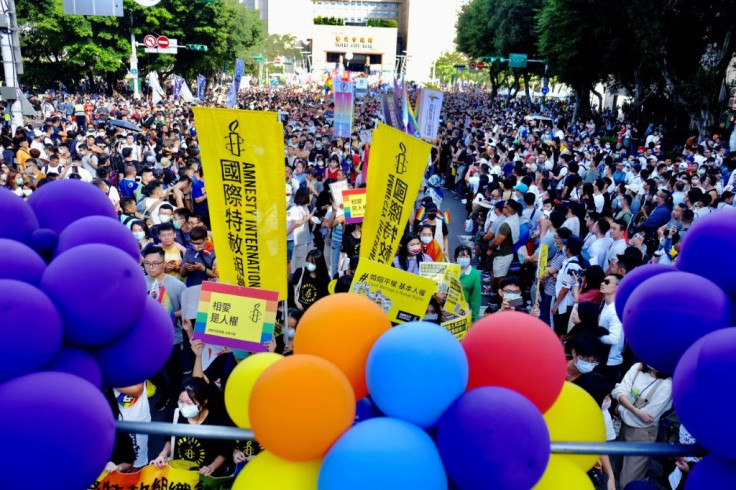 LGBT rights activists march on the streets of Taipei during Taiwan's annual Gay Pride Parade