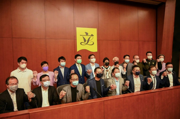 Pro-democracy lawmakers attend a press conference at the government headquarters in Hong Kong on November 9, 2020