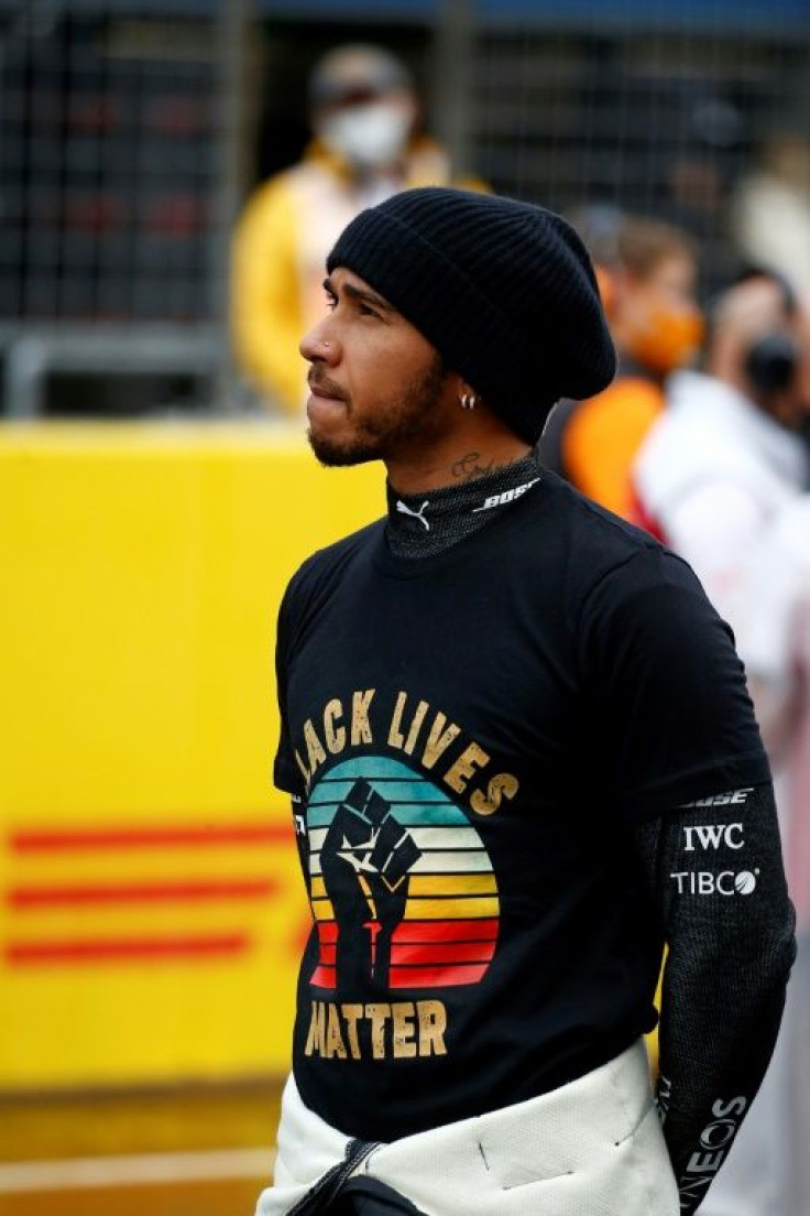 Hamilton on the grid before Sunday's race wearing a Black Lives Matter t-shirt, the cause he has championed throughout the season