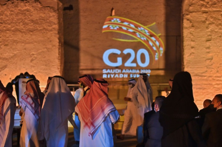 The G20 logo is projected at the historical site of al-Tarif on the outskirts of the Saudi capital Riyadh