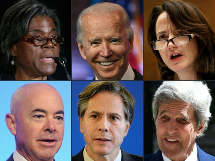 Clockwise from top left: Linda Thomas-Greenfield, Joe Biden, Avril Haines, John Kerry, Antony Blinken and Alejandro Mayorkas