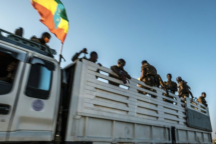 Ethiopian troops on a road near the Tigrayan city of Humera