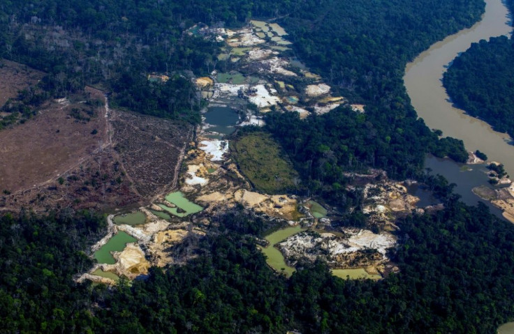 Aerial view of the Esperanca IV informal gold mining camp, near the Menkragnoti indigenous territory in Brazil's Amazon basin, in August 2019