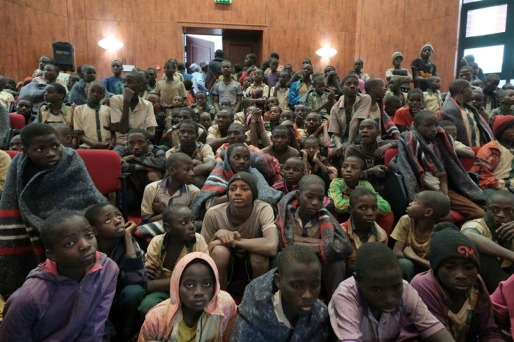 Safe: Newly-released students were brought to a government building in Katsina after their release on Thursday
