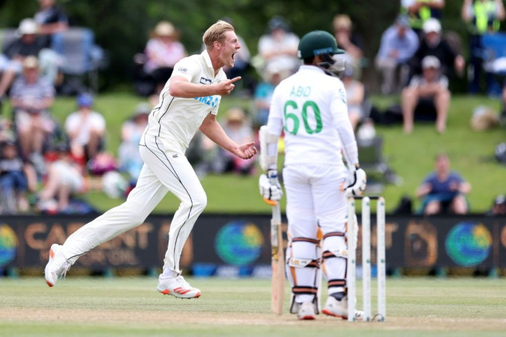 New Zealand bowler Kyle Jamieson celebrates the wicket of Abid Ali