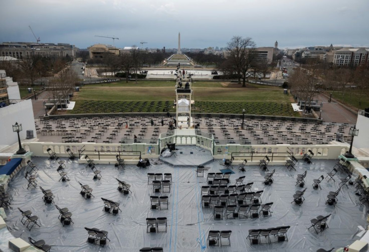 Chairs are positioned socially distanced from each other as preparations take place for President-elect Joe Biden's inauguration ceremony at the US Capitol