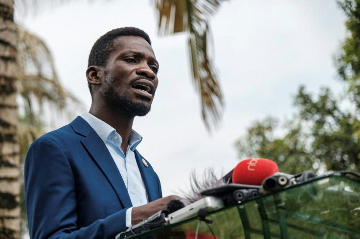 Bobi Wine, pictured last Friday at a press conference at his home in Magere, on the outskirts of Kampala