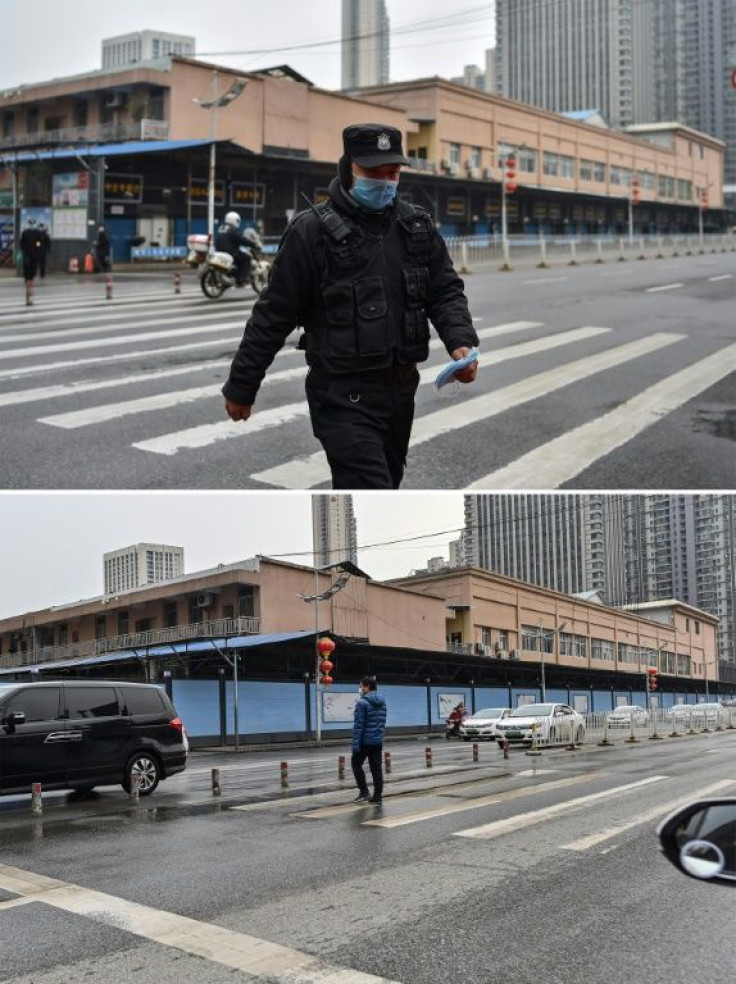 Then and now: The boards blocking off Wuhan's seafood market serve as an eerie reminder of the first known coronavirus cases