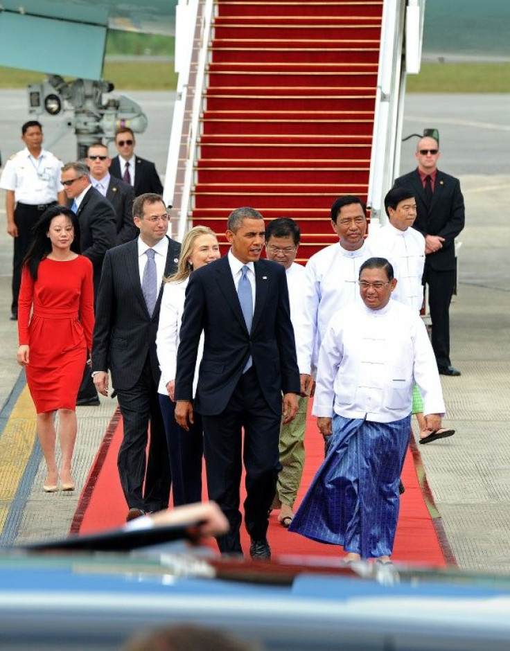Barack Obama arrives in 2012 on the first visit by a US president to Myanmar, accompanied by then secretary of state Hillary Clinton and US ambassador Derek Mitchell