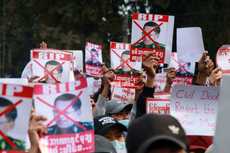 Protesters across Myanmar have particularly targeted army chief Min Aung Hlaing who is now in charge after the coup deposed the civilian leaders