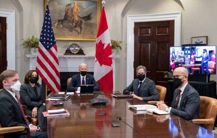 Secretary of State Antony Blinken (second from right) takes part in President Joe Biden's virtual summit with Canadian Prime Minister Justin Trudeau on February 23, 2021.