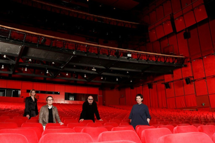 Four members of the jury of the Berlin film festival -- Bosnian director Jasmila Zbanic, Hungarian director Ildiko Enyedi, Italian director Gianfranco Rosi and Romanian director Adina Pintilie -- inside the empty Berlinale Palace. The festival is taking p