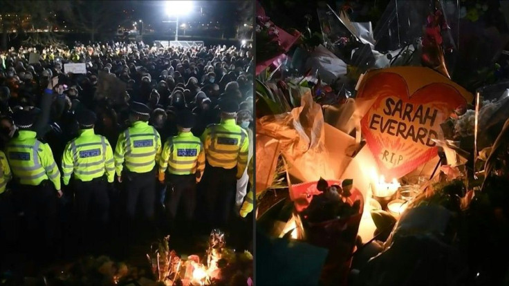 IMAGESDespite a police ban, hundreds attend a cancelled vigil on Clapham Common, in South London, to pay tribute to 33-year-old Sarah Everard, who was kidnapped and murdered while walking home from a friend's house. A 48-year-old Met Police officer has be