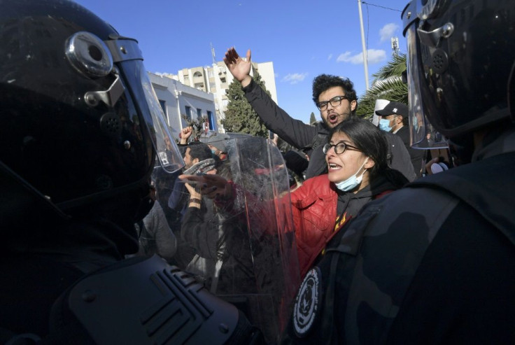 Tunisian police blocked protesters from accessing the parliament building during a demonstration in the capital Tunis in January