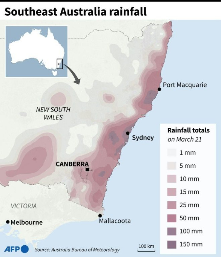 Map showing the extent of rainfall in Australia's New South Wales state on March 21.