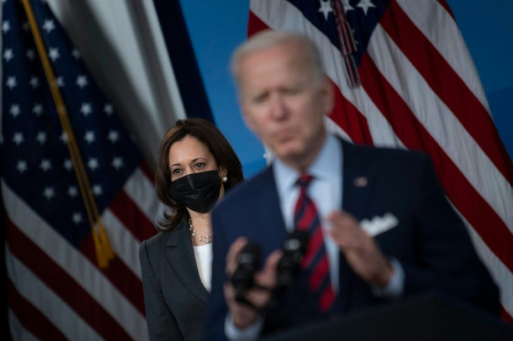 US President Joe Biden, with Vice President Kamala Harris, speaks about infrastructure investment from the Eisenhower Executive Office Building on the White House campus on April 7