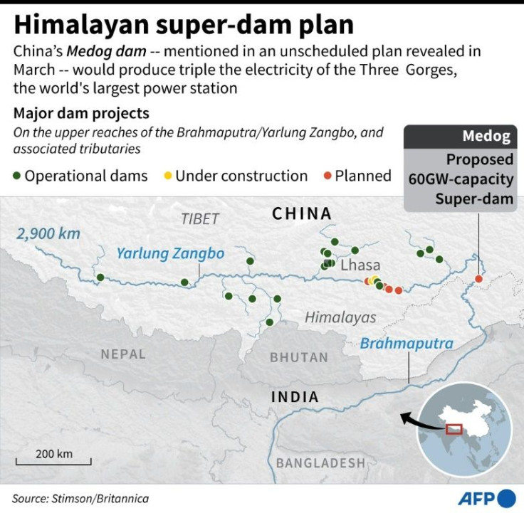 Map showing major dam projects on the upper stream of the Brahmaputra River, Yarlung Zangbo.