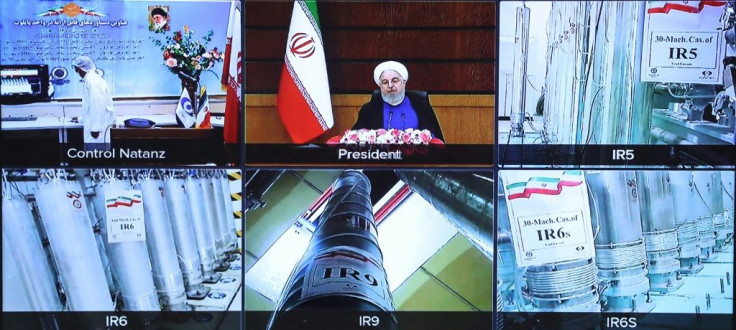 A screen grab from an April 10 videoconference showing views of centrifuges and devices at Iran's Natanz uranium enrichment plant, as well as Iranian President Hassan Rouhani delivering a speech