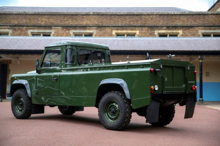 The Land Rover Defender that will be used to transport the coffin of Britain's Prince Philip, Duke of Edinburgh during the funeral procession is parked in Windsor Castle, Windsor on Saturday