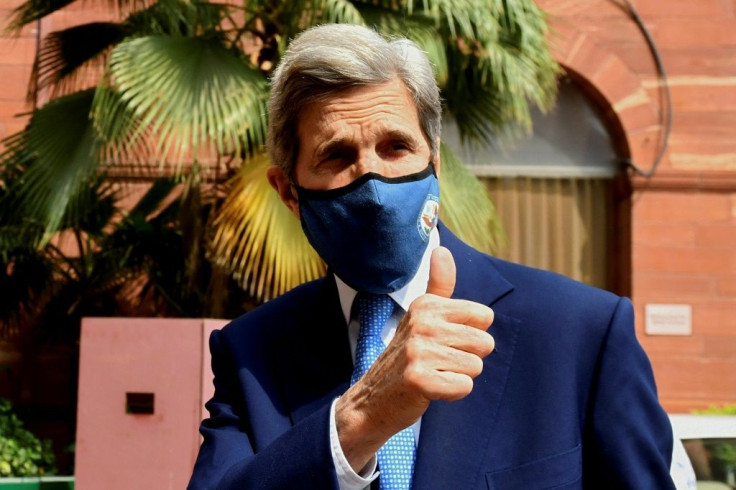US climate envoy John Kerry arrives at India's finance ministry on April 6, 2021 as he prepares for President Joe Biden's climate summit