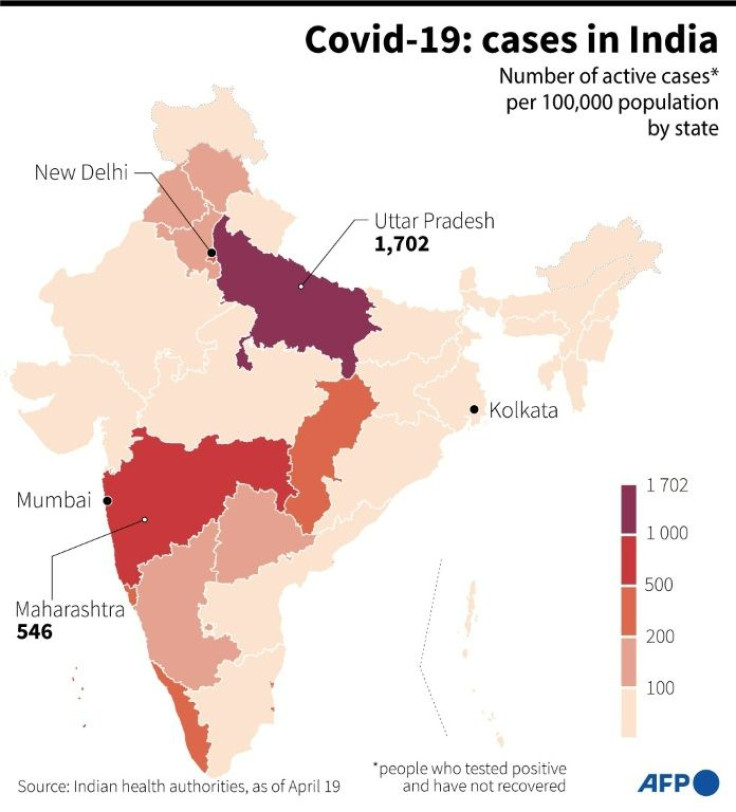 Map showing the number of Covid-19 active cases per 100,000 population by state in India, based on data from health authorities on April 19.