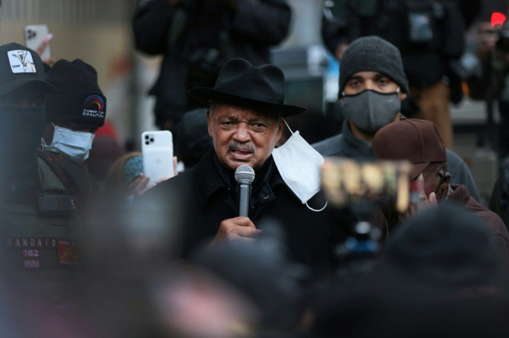 Civil rights leader the Rev. Jesse Jackson speaks to demonstrators outside the courthouse where Chauvin is on trial