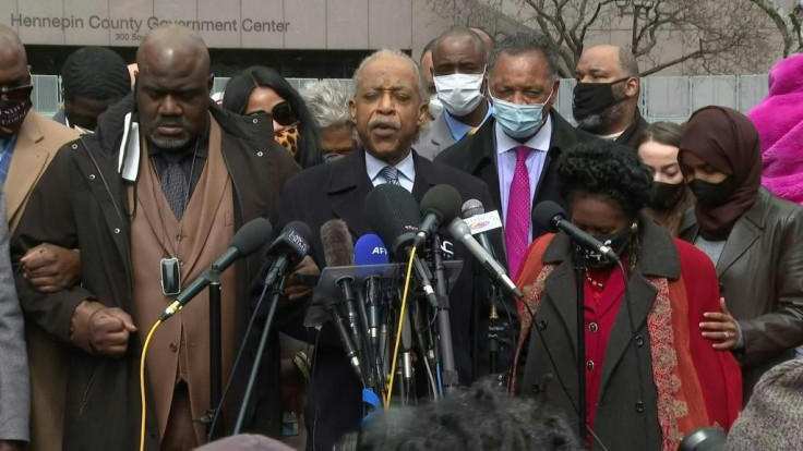 Civil rights activists, including the Reverend Al Sharpton, pray with the family members of George Floyd during the closing statements of the Derek Chauvin trial. Former police officer Chauvin is being charged with the murder and manslaughter of Floyd, wh