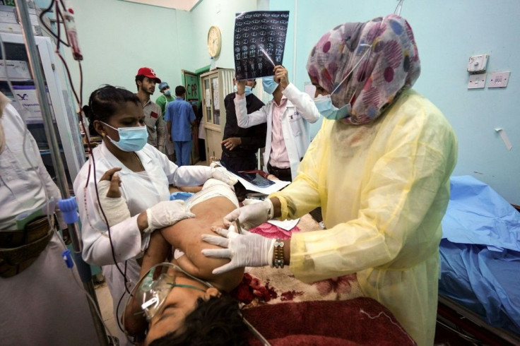 A wounded child receives medical treatment at a hospital following an alleged attack by Iran-backed Houthi rebels in Yemen's northern Marib governorate, on April 3