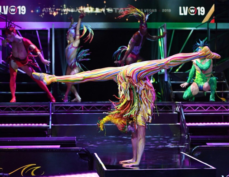 Cast members from Cirque du Soleil's "Mystere" show perform in Las Vegas in July 2019