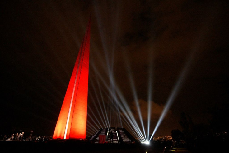 The Tsitsernakaberd Memorial complex is illuminated in Yerevan in April 2020 to commemorate those who died in the mass killing of Armenians in the Ottoman Empire during World War I