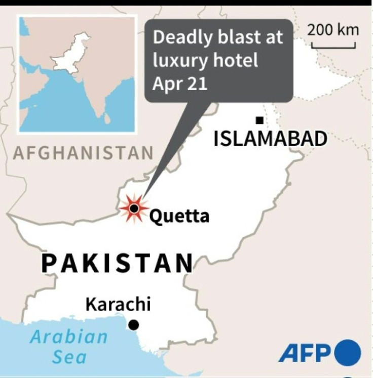 Map of Pakistan locating Quetta where at least four people were killed and a dozen others wounded when a bomb exploded at a luxury hotel Wednesday night.